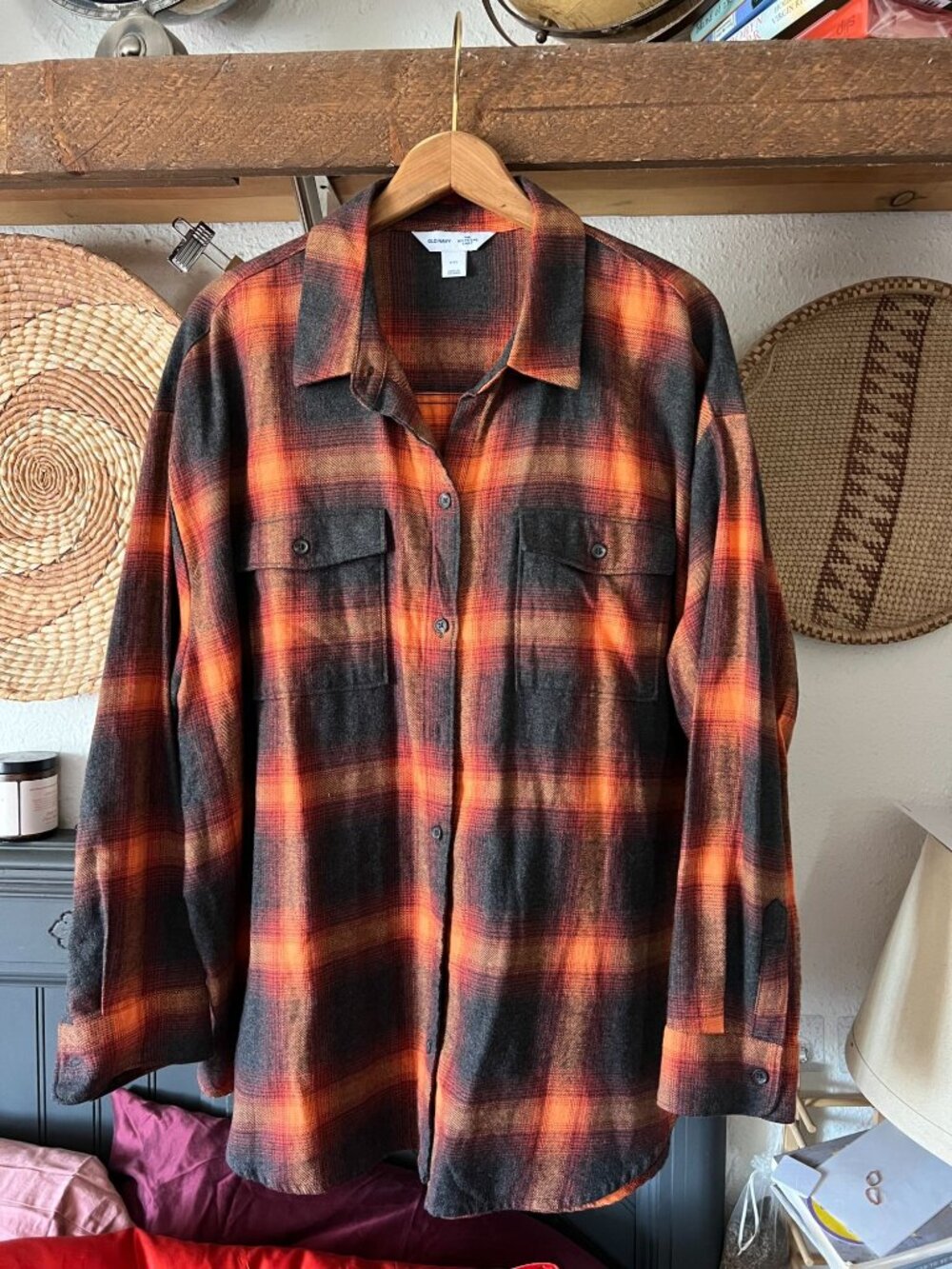 Old Navy Taylor Swift Evermore Flannel Plaid Boyfriend Shirt Orange Black XXL - Picture 2 of 6